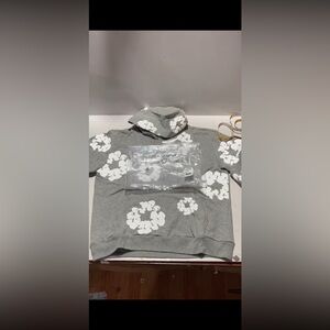 Grey and white denim tear hoodie